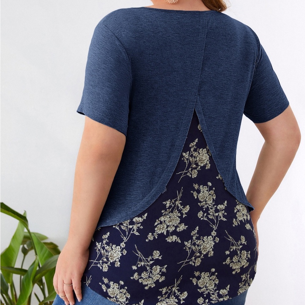 Solid blue in the front with flowers on the back.